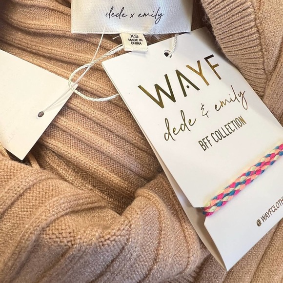 Wayf Ribbed Knit Sweater Dress Midi Tan Cutout Tie Emily x Dede Size XSmall New - Picture 9 of 11
